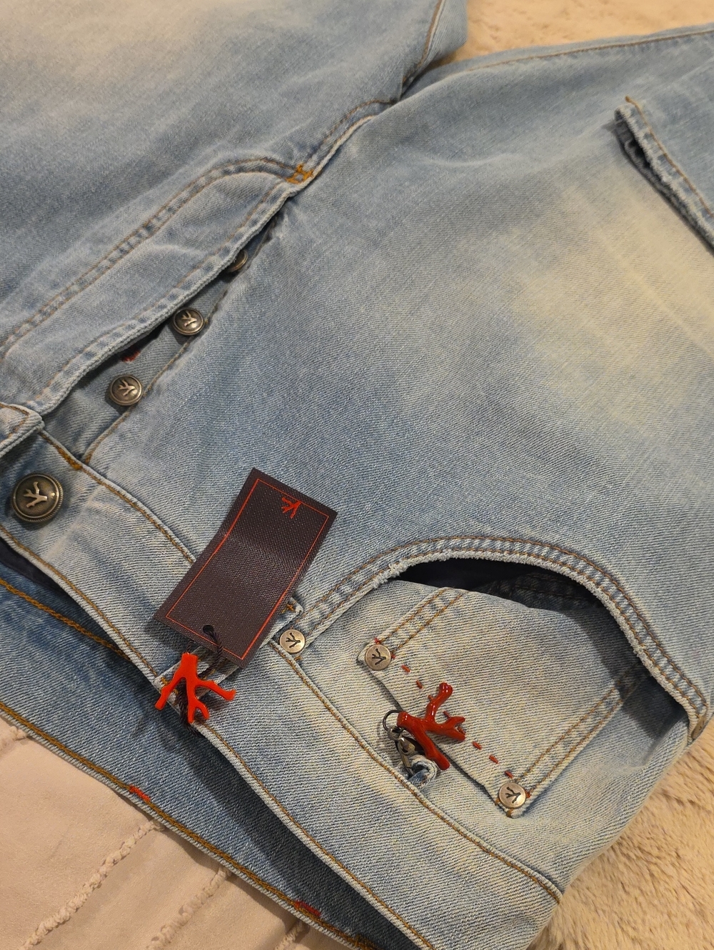 Men's Slim Light Blue Jeans with Red Accent Detailing...Isaia Napoli Brand